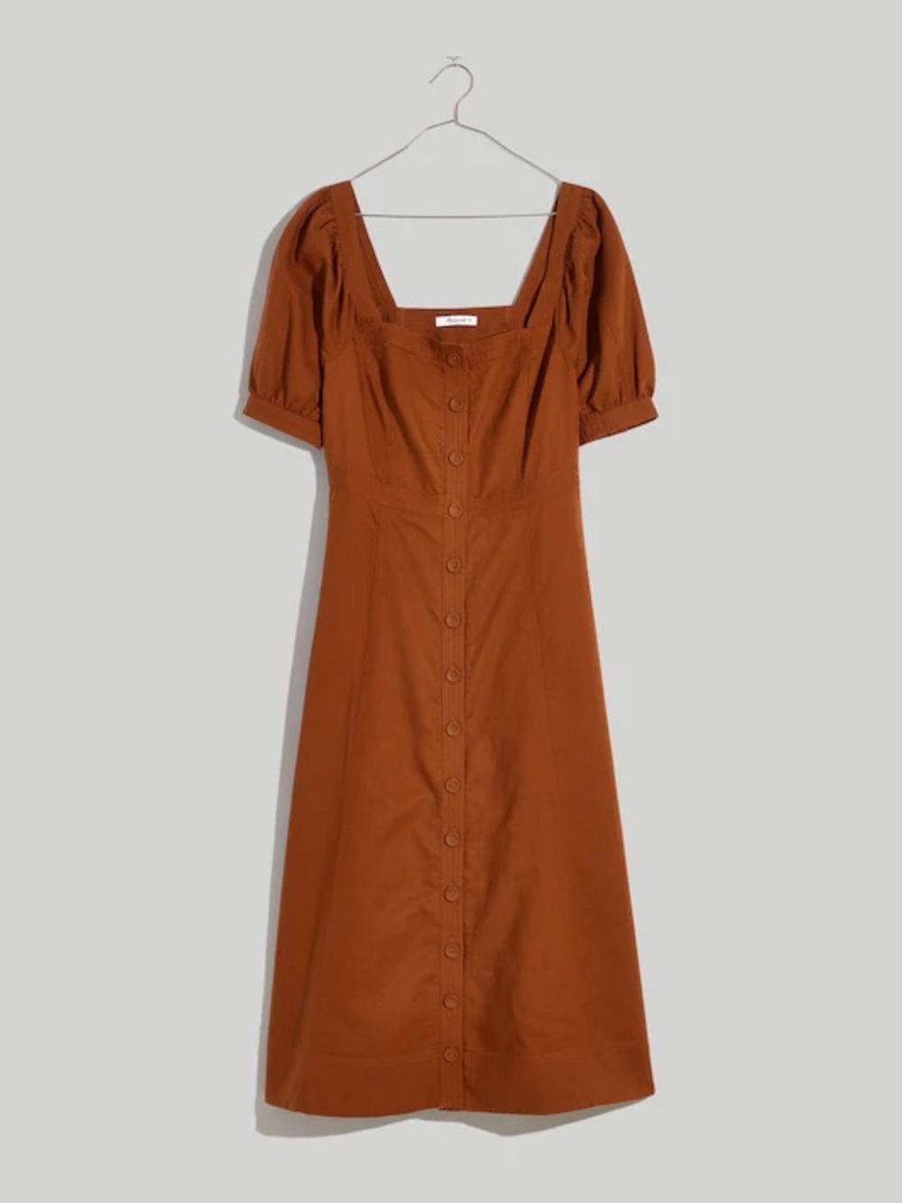 Madewell Seamed Puff-Sleeve Midi Dress Warm Coffee Size 0 Linen Blend - Picture 7 of 15